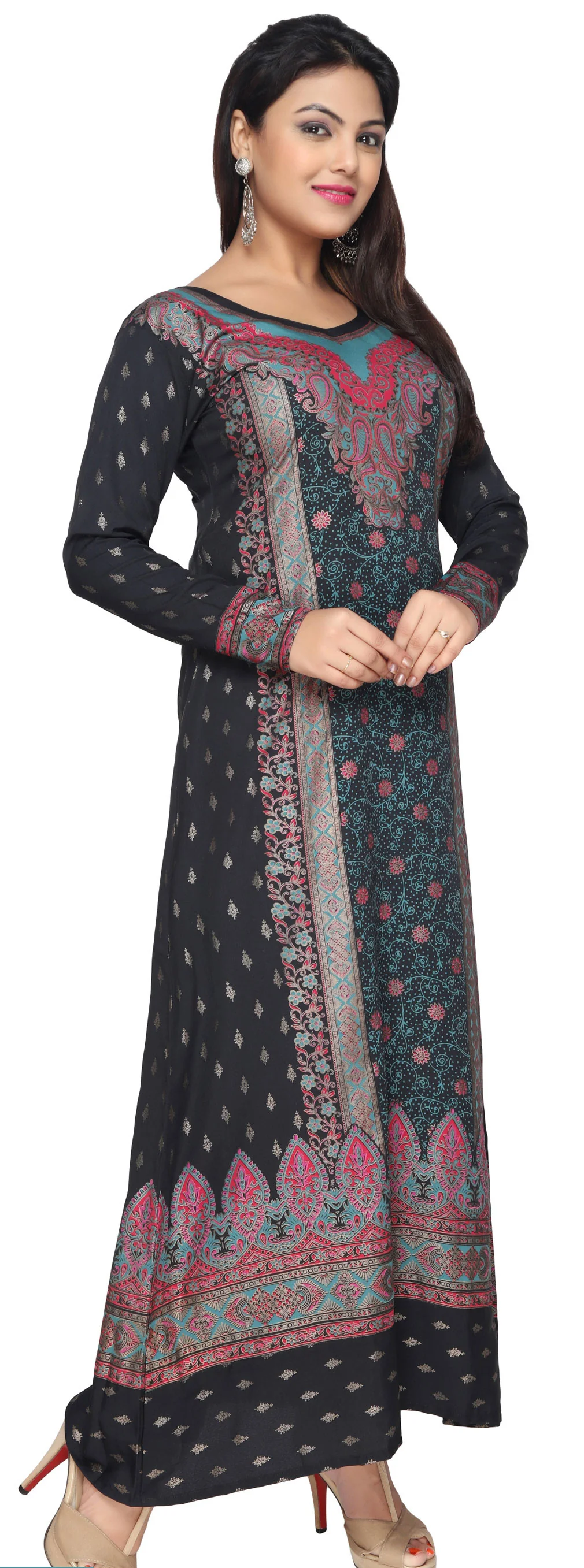 Evening Dress Printed Womens Long Caftan (Black-Turquoise) - Image 2