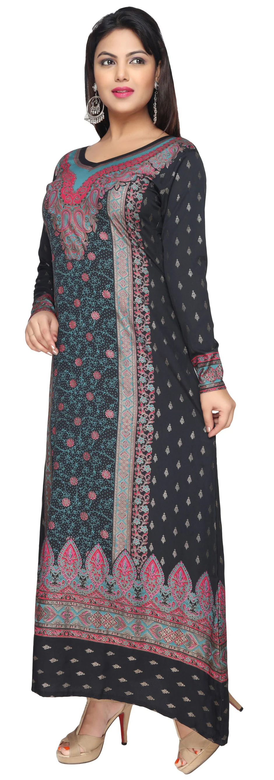 Evening Dress Printed Womens Long Caftan (Black-Turquoise) - Image 3