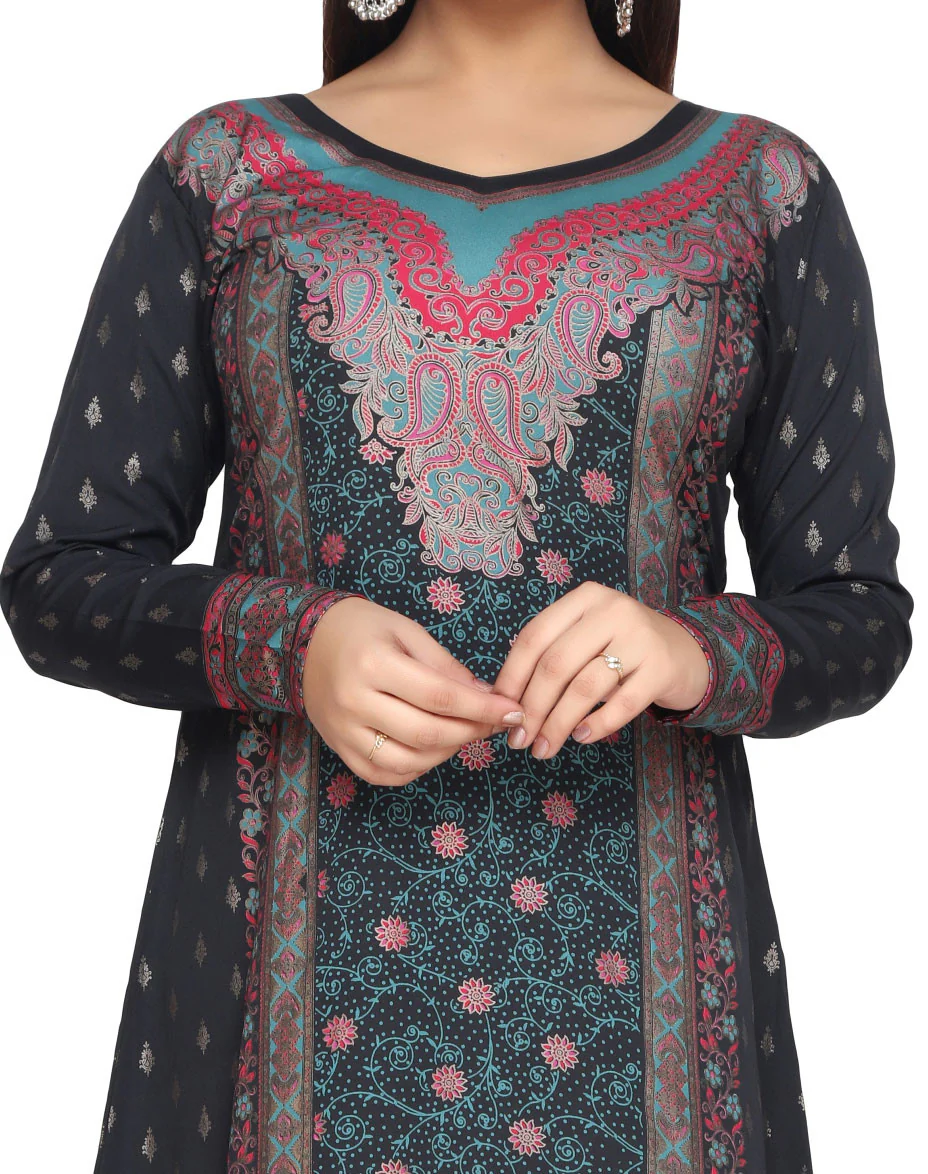 Evening Dress Printed Womens Long Caftan (Black-Turquoise) - Image 4