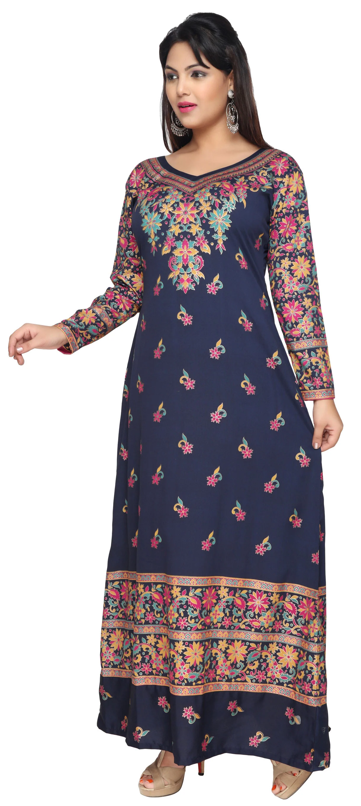Evening Dress Printed Womens Long Caftan (Dark Blue) - Image 2