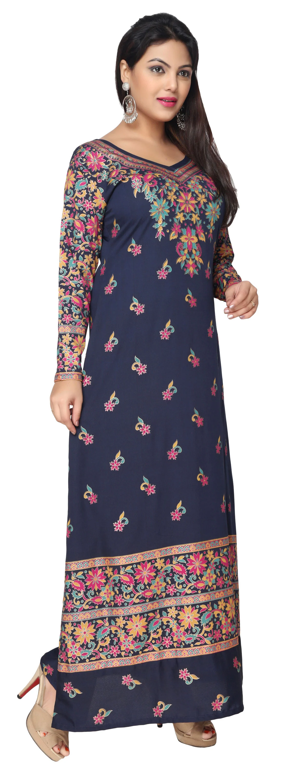 Evening Dress Printed Womens Long Caftan (Dark Blue) - Image 3