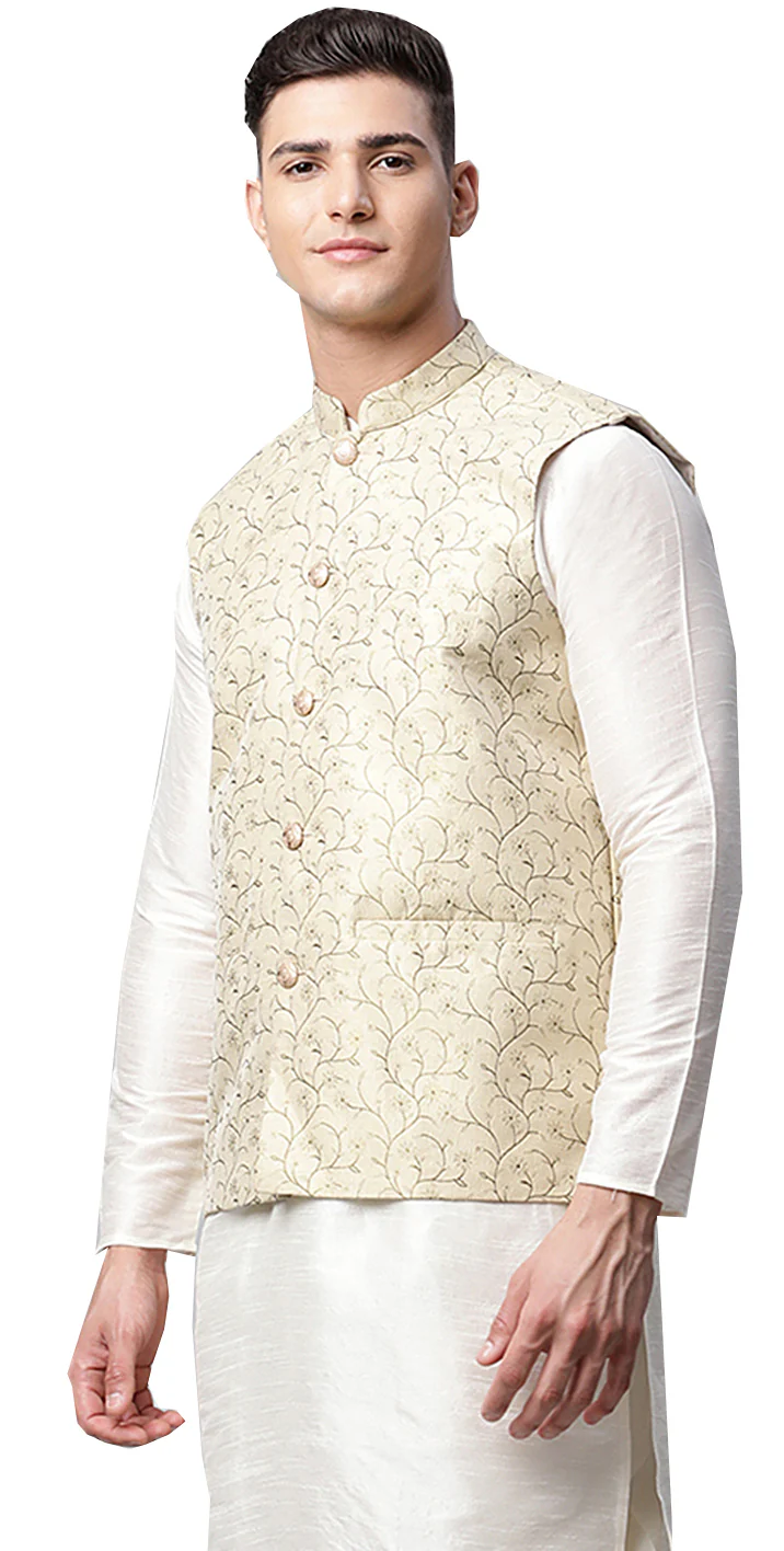 Floral Men's Embroidered Nehru Jackets from India (Gold) - Image 2