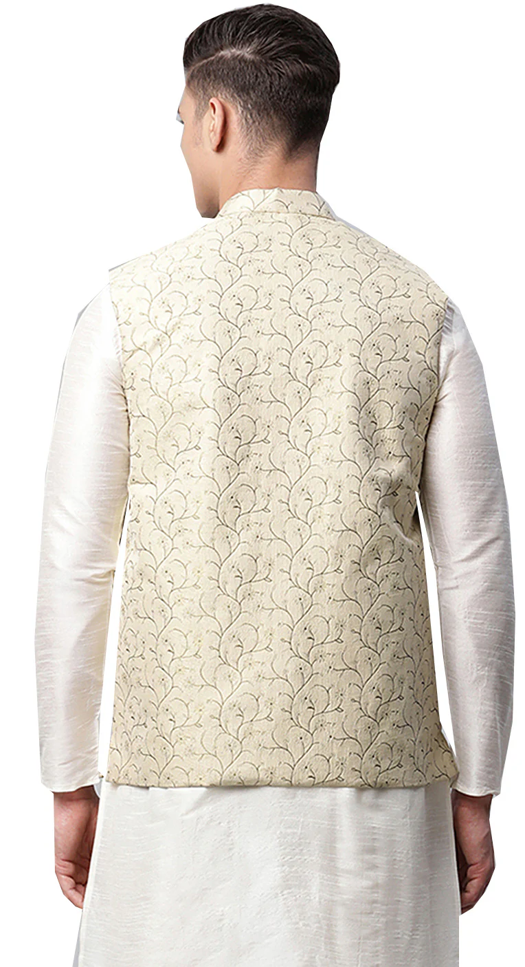 Floral Men's Embroidered Nehru Jackets from India (Gold) - Image 4