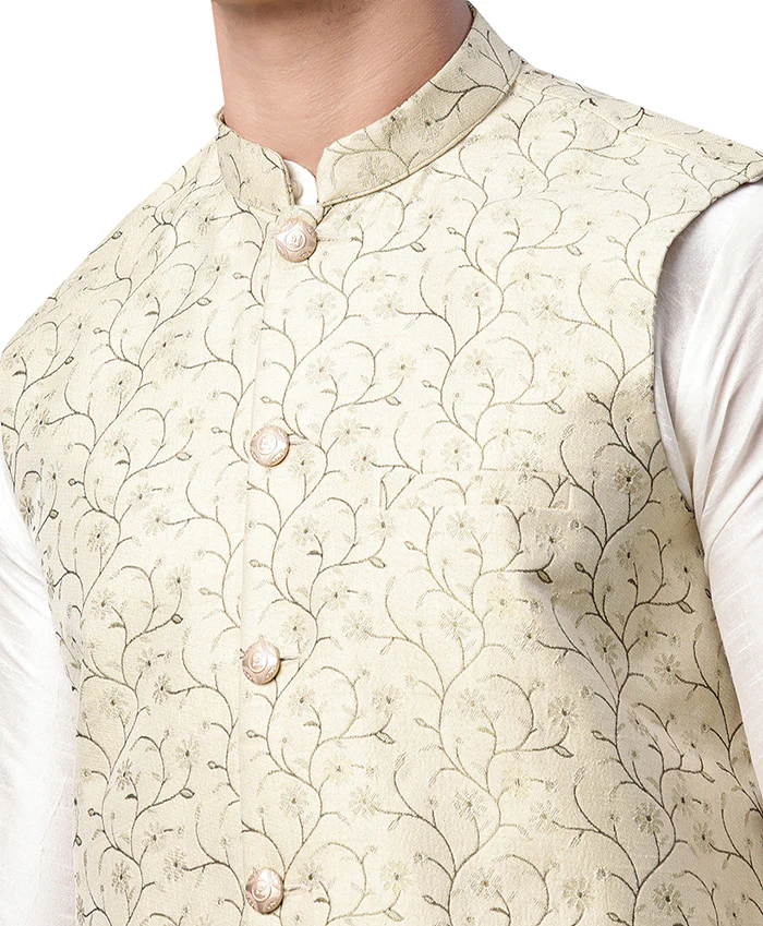 Floral Men's Embroidered Nehru Jackets from India (Gold) - Image 5