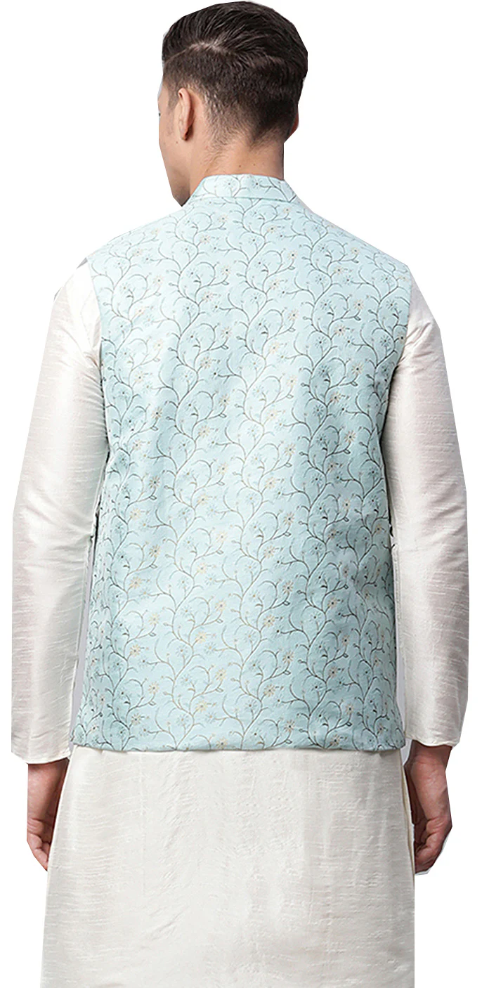 Floral Men's Embroidered Nehru Vest from India (Blue) - Image 4