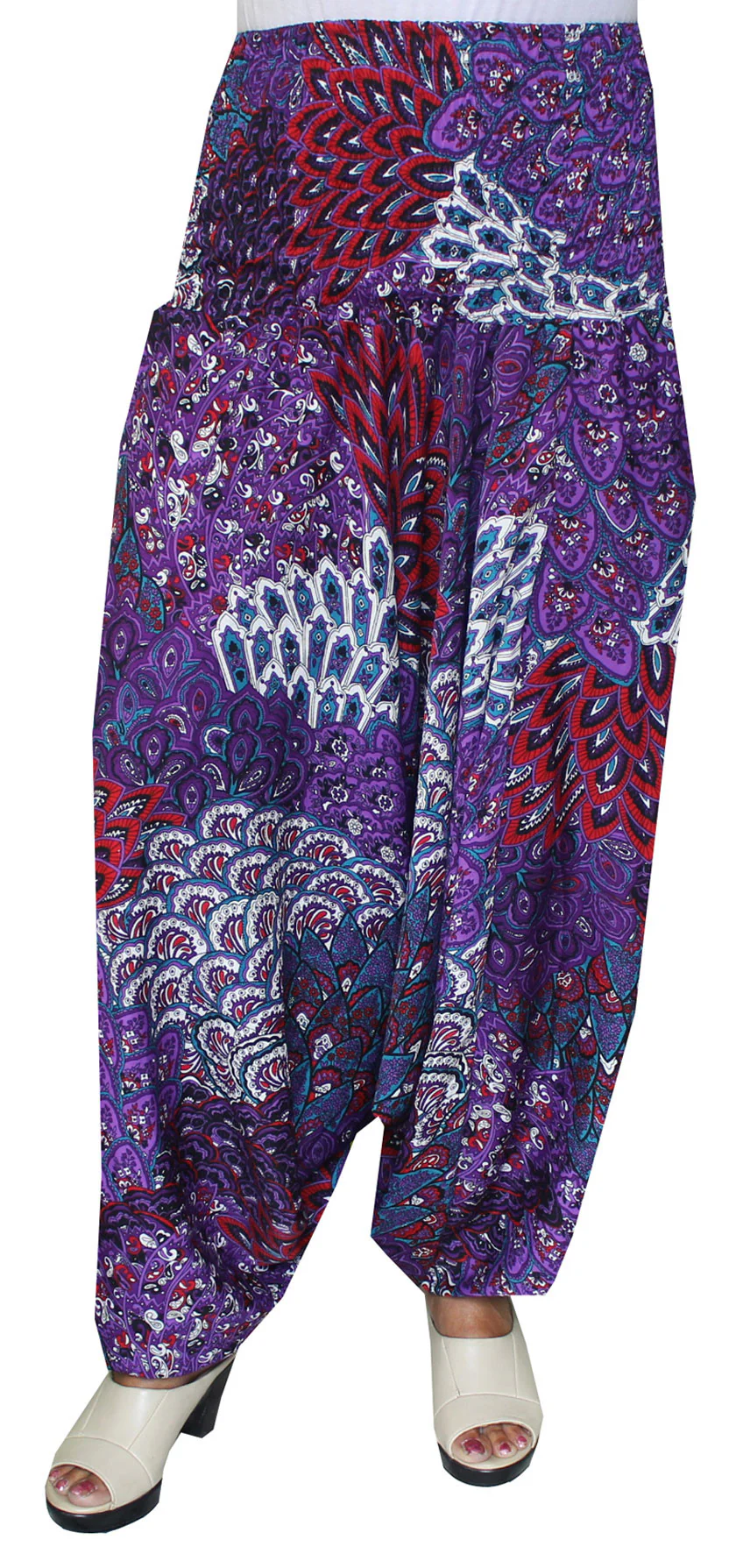 Harem Pants Womens Smocked Waist Hippie Moss Crepe (Purple) - Image 2