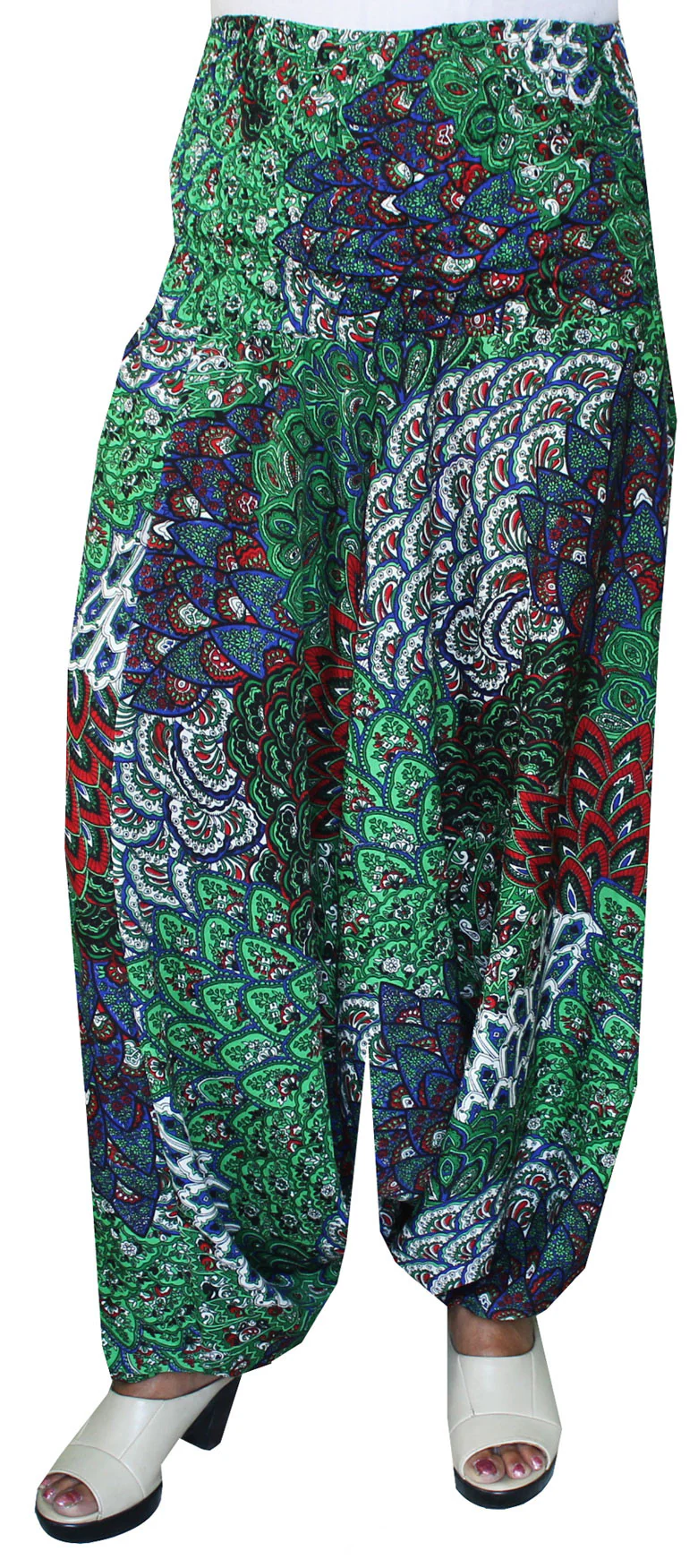 Harem Pants Womens Smocked Waist Hippie Moss Crepe (Green) - Image 2