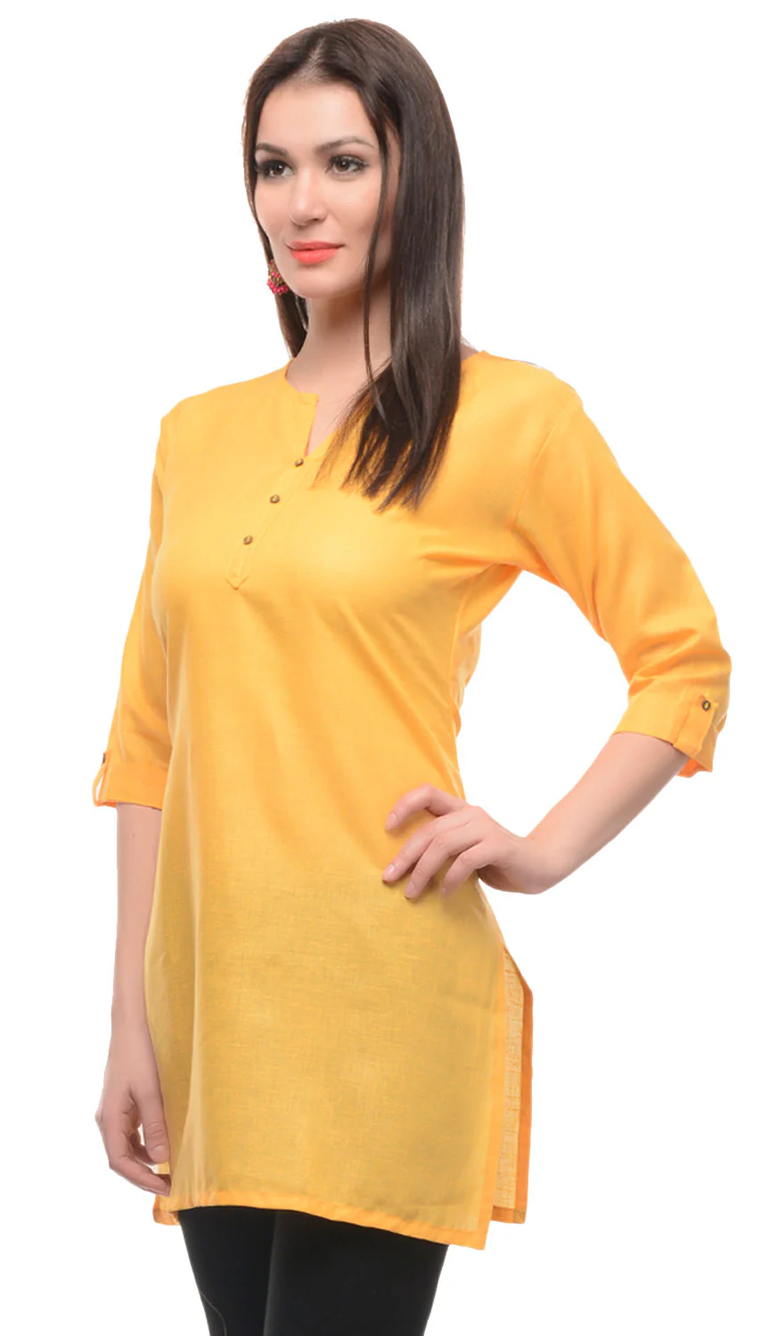 India Cotton Tunic Top Kurti Womens Indian Clothing (Yellow) - Image 2