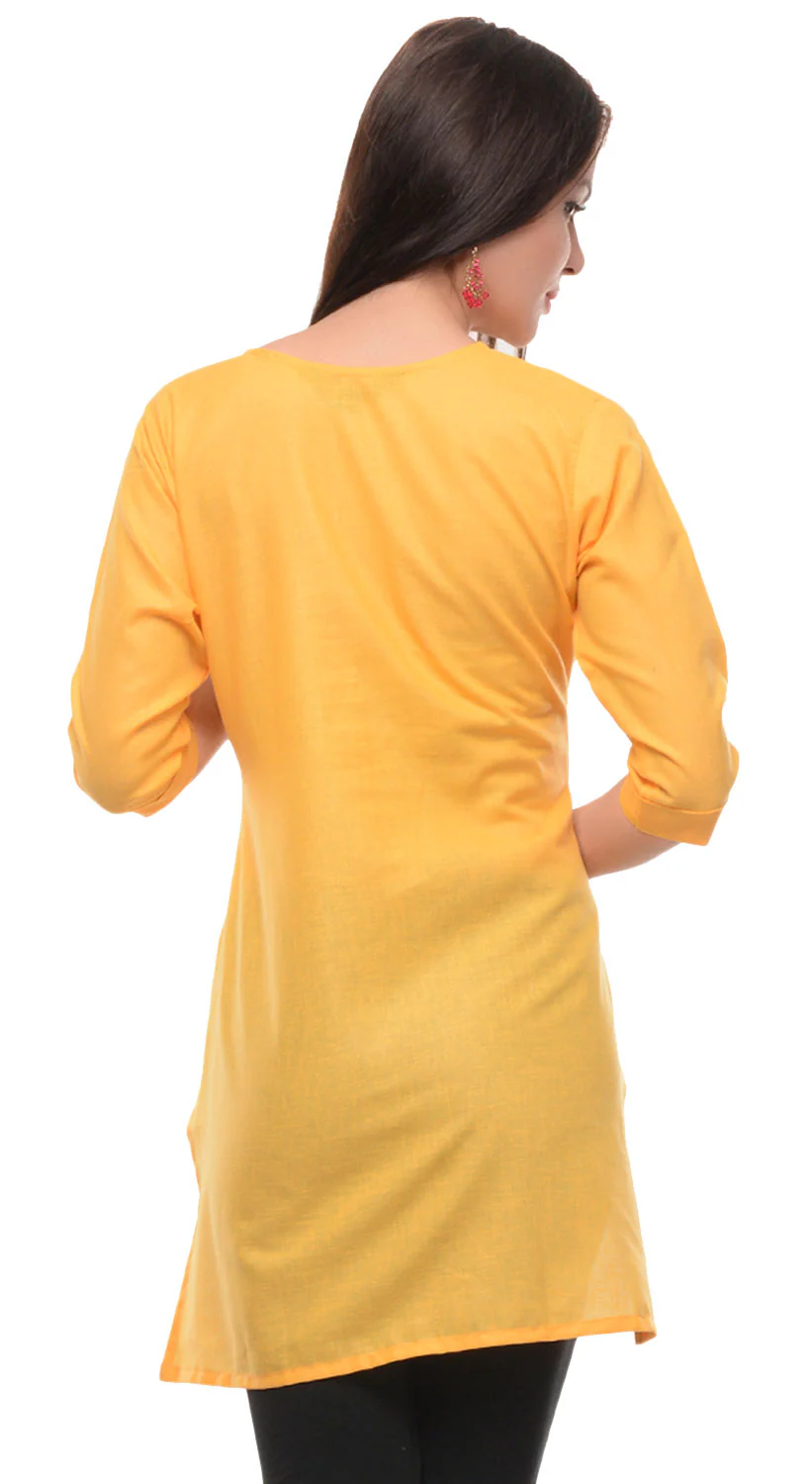India Cotton Tunic Top Kurti Womens Indian Clothing (Yellow) - Image 3