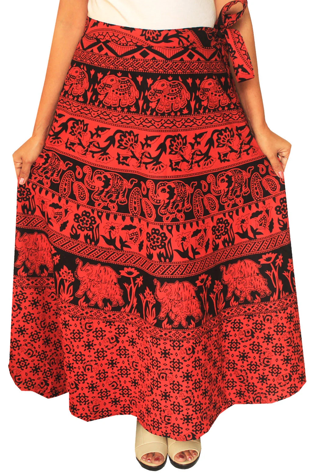India Long Cotton Skirt Wrap Around Block Print Womens (Red) - Image 2