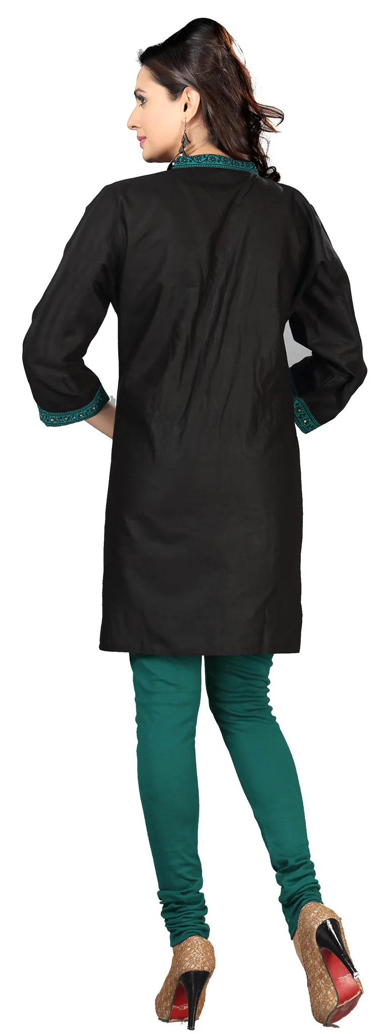 India Long Kurti Womens Embroidered Cotton Indian Clothing (Black) - Image 2