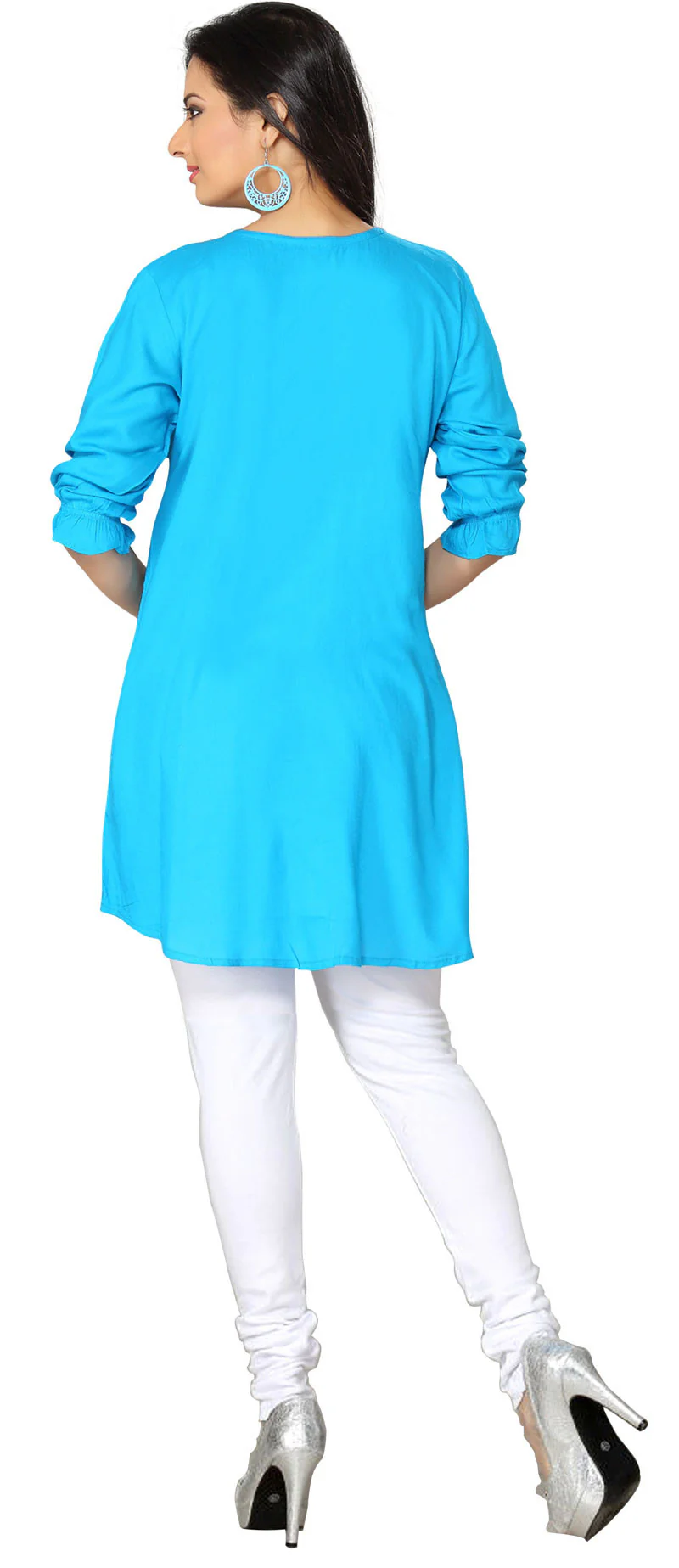 India Long Tunic Top Kurti Womens Rayon Indian Apparel (Blue) - Image 2