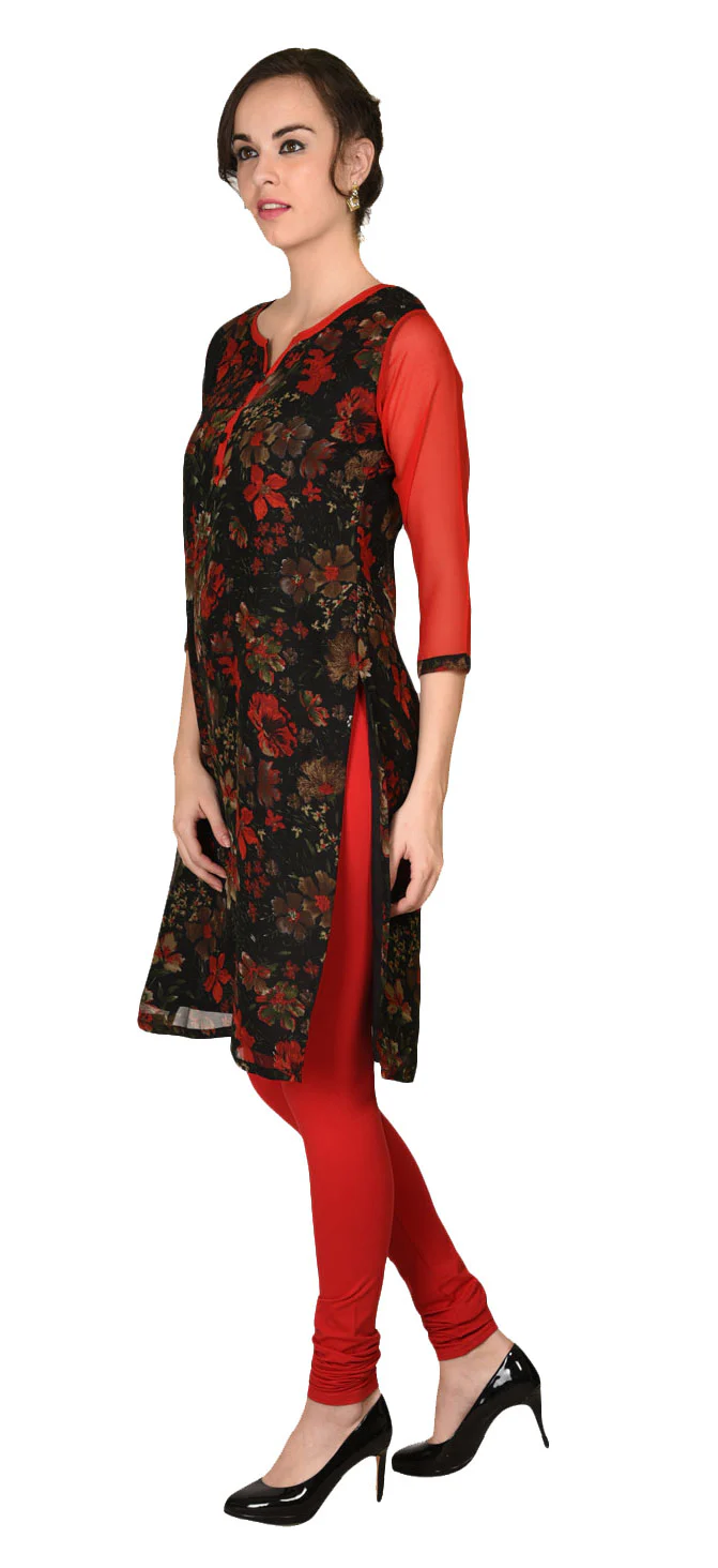 India Tunic Top Long Kurti Georgette Womens Printed Indian Clothing (Red) - Image 2