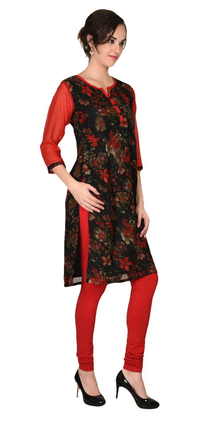 India Tunic Top Long Kurti Georgette Womens Printed Indian Clothing (Red) - Image 3
