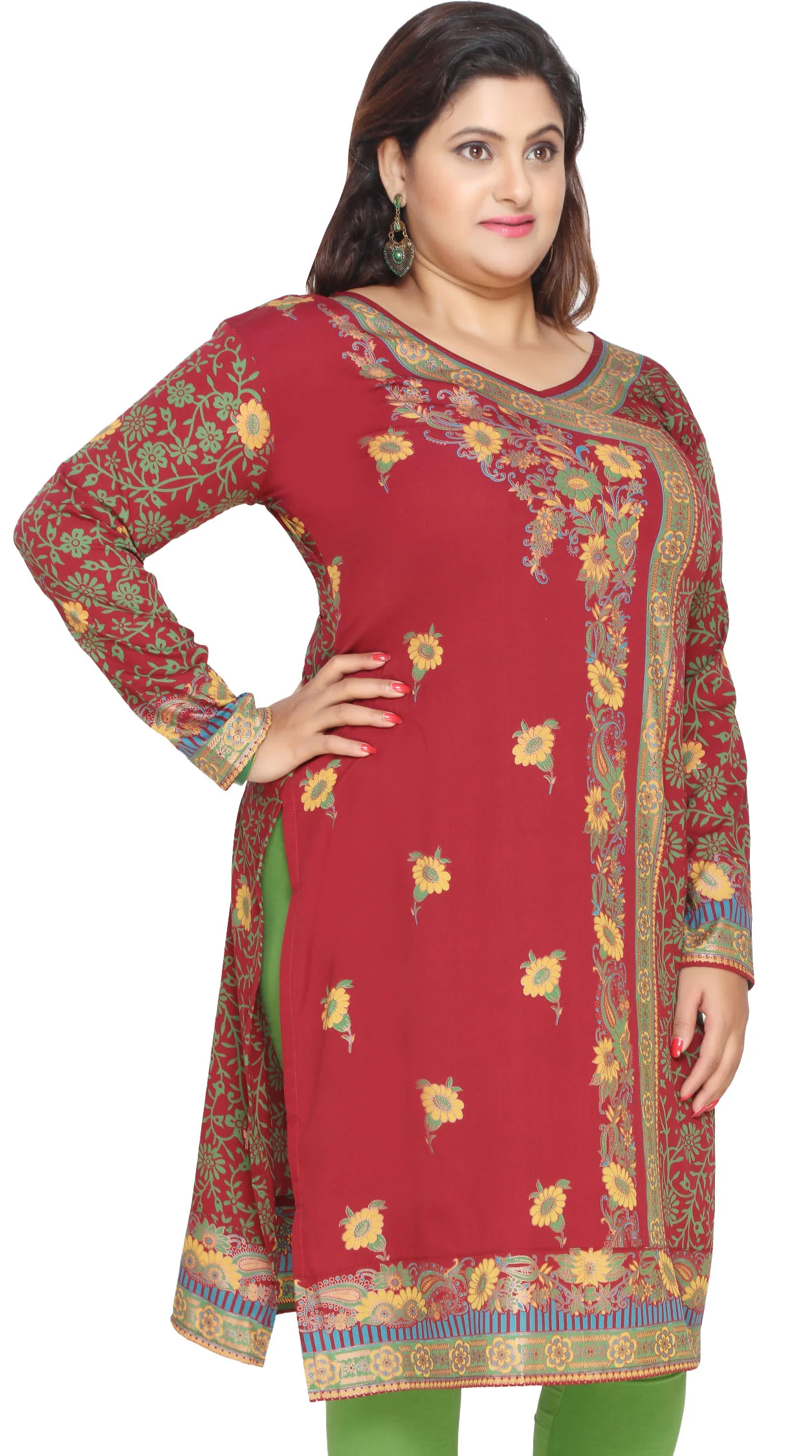 India Tunic Long Top Kurti Womens Plus Size Clothes (Red) - Image 2