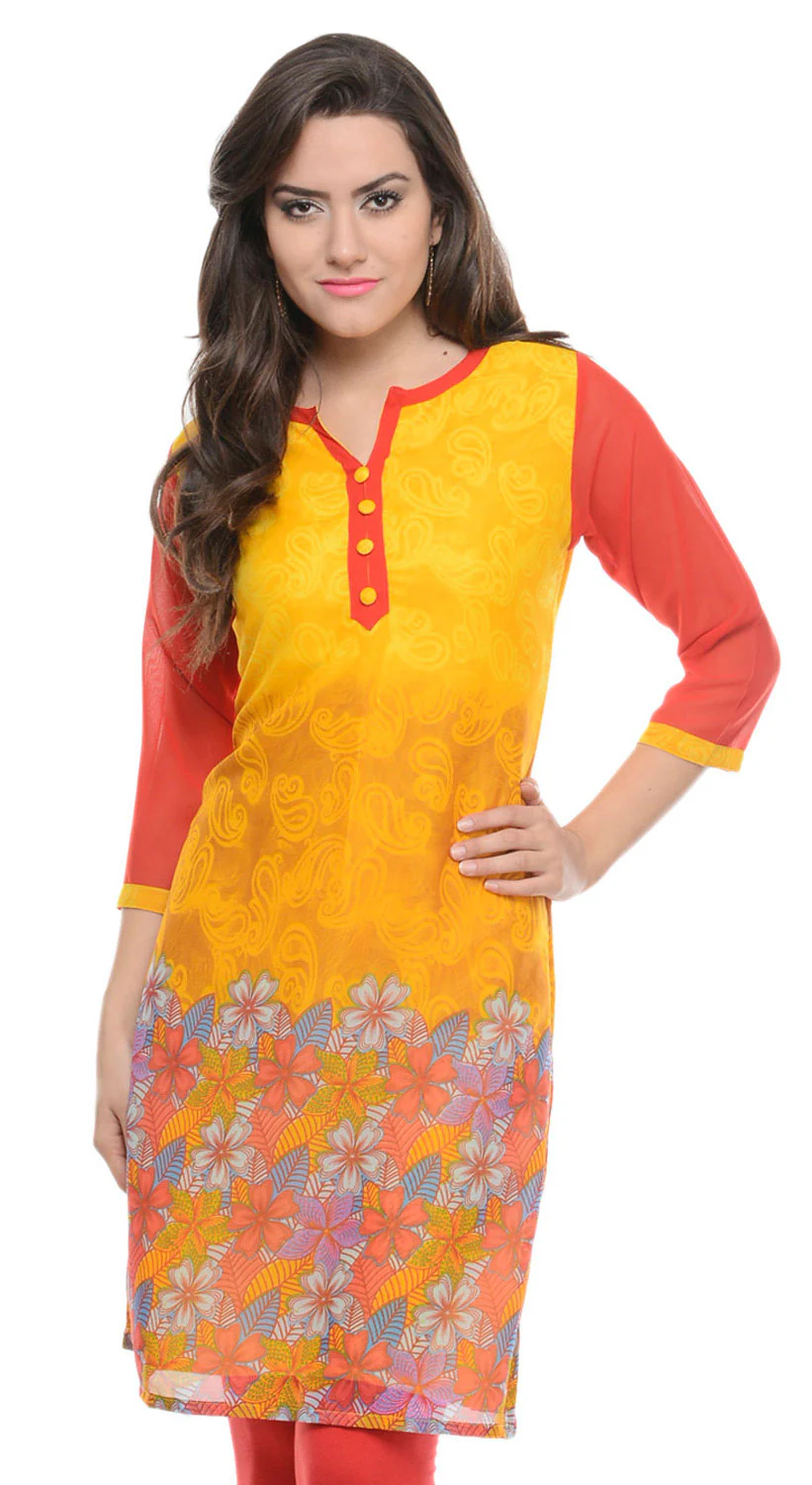 India Tunic Top Long Kurti Georgette Womens Printed Indian Clothing (Yellow) - Image 2