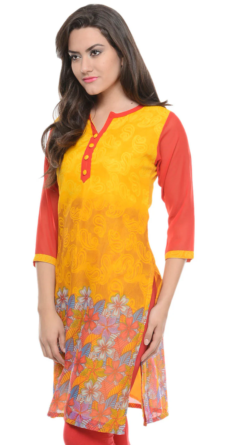 India Tunic Top Long Kurti Georgette Womens Printed Indian Clothing (Yellow) - Image 3