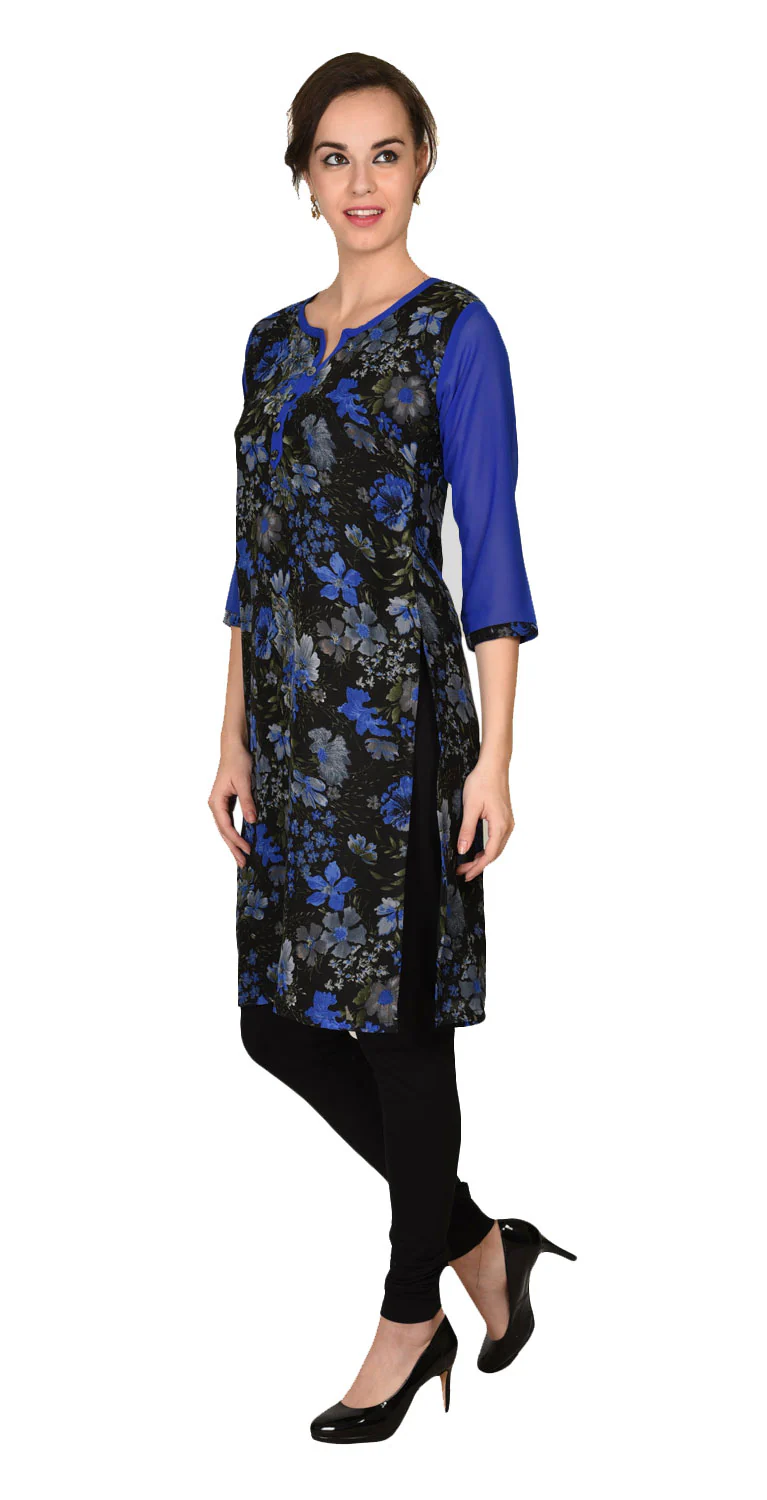 India Tunic Top Long Kurti Georgette Womens Printed Indian Clothing (Blue) - Image 2
