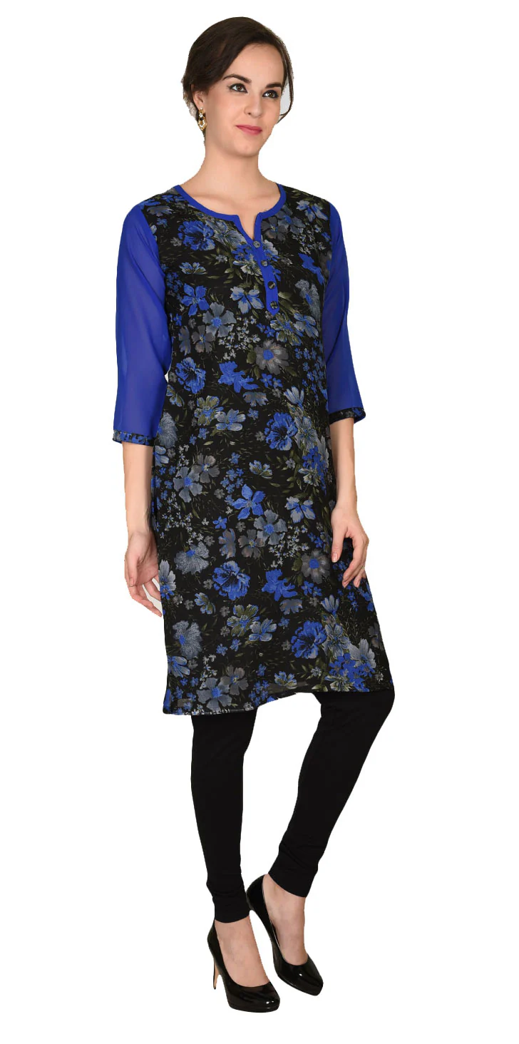 India Tunic Top Long Kurti Georgette Womens Printed Indian Clothing (Blue) - Image 3