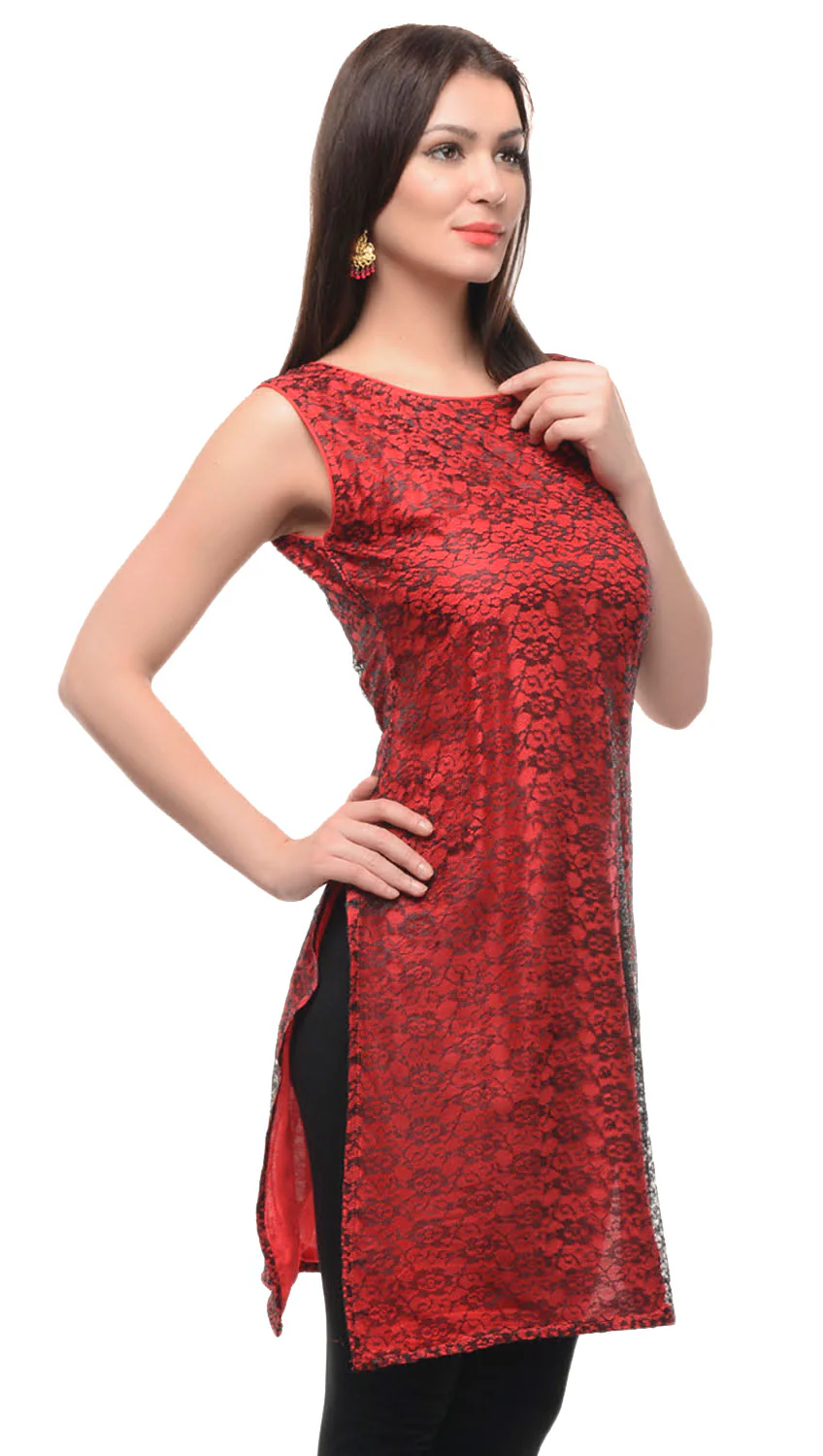 India Tunic Top Long Kurti Rayon Womens Sleeveless Indian Clothing (Maroon) - Image 2