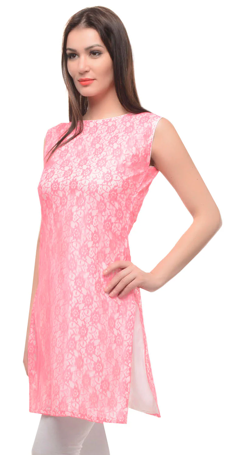 India Tunic Top Long Kurti Rayon Womens Sleeveless Indian Clothing (Pink) - Image 2
