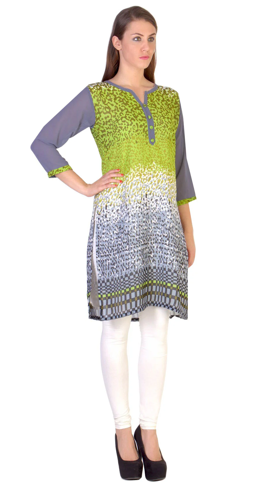 India Tunic Top Long Kurti Womens Georgette Printed Indian Clothing (Green) - Image 2