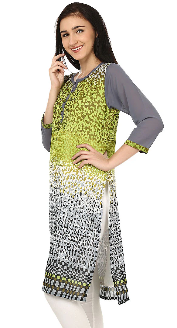India Tunic Top Long Kurti Womens Georgette Printed Indian Clothing (Green) - Image 3