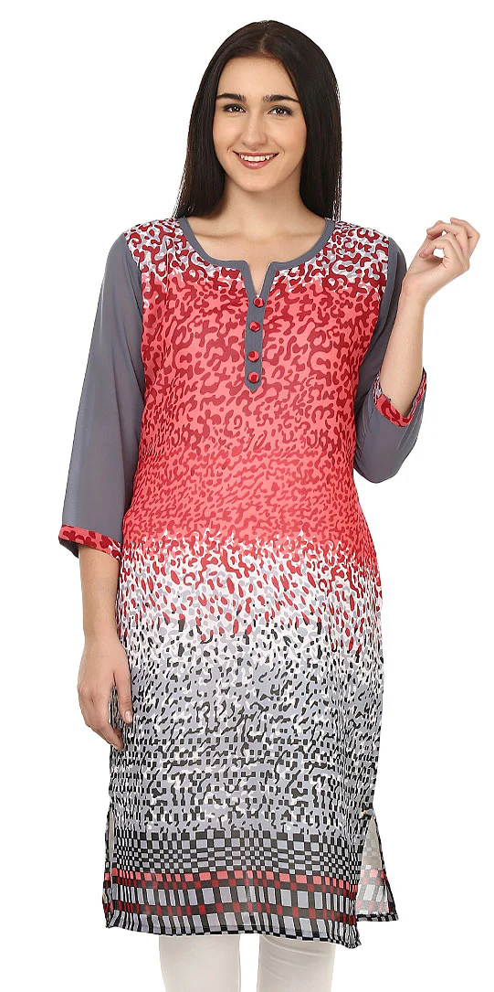 India Tunic Top Long Kurti Womens Georgette Printed Indian Clothing (Pink)