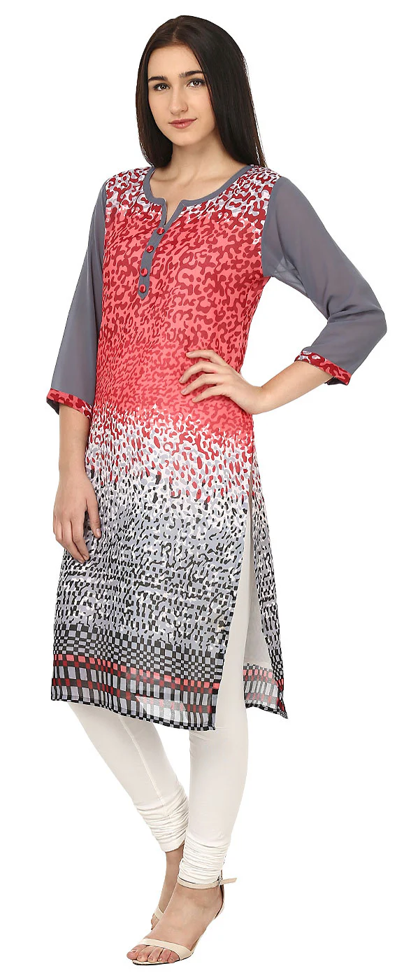 India Tunic Top Long Kurti Womens Georgette Printed Indian Clothing (Pink) - Image 2
