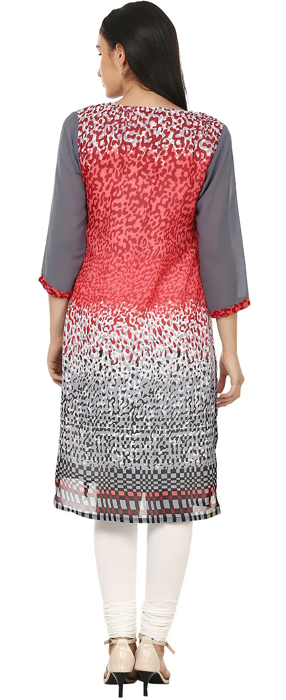 India Tunic Top Long Kurti Womens Georgette Printed Indian Clothing (Pink) - Image 3