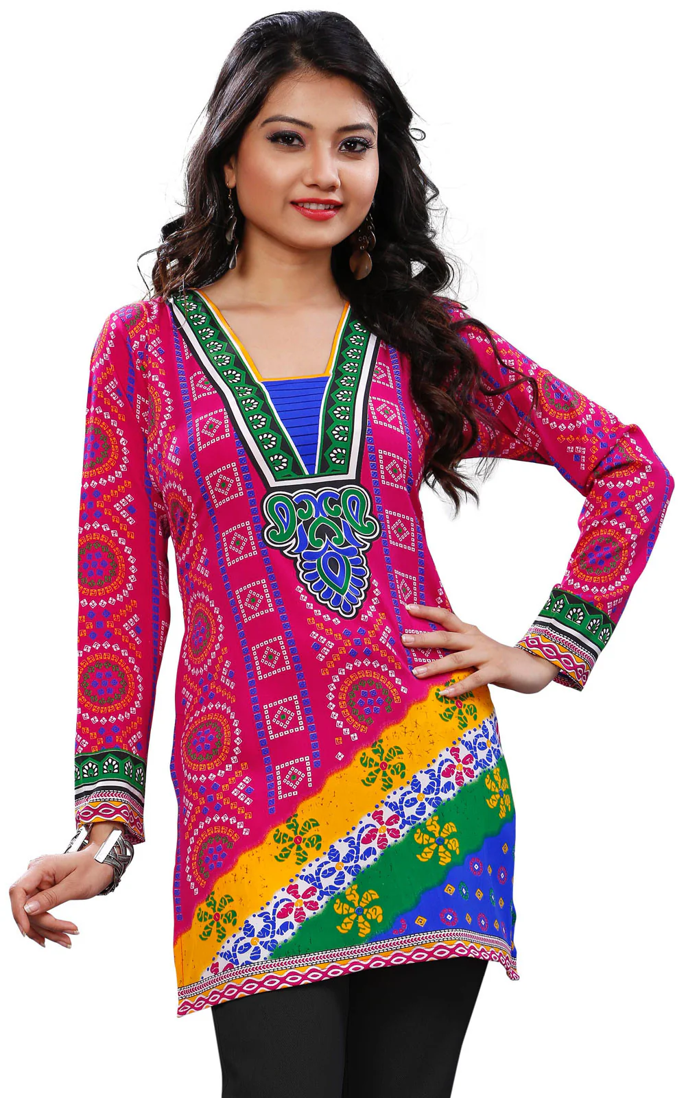 India Tunic Top Long Kurti Womens Printed Indian Clothing (Pink)