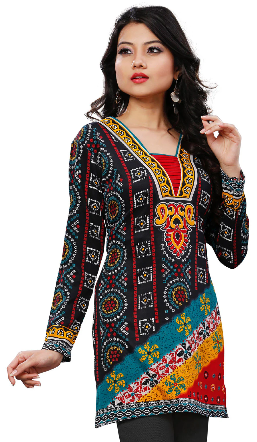 India Tunic Top Long Kurti Womens Printed Indian Clothing (Black)