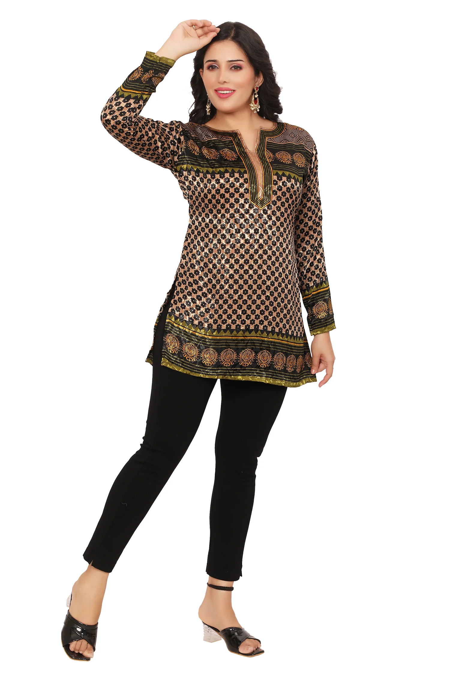 India Tunic Top Short Kurti Women's Printed Indian Clothing (Green) - Image 5
