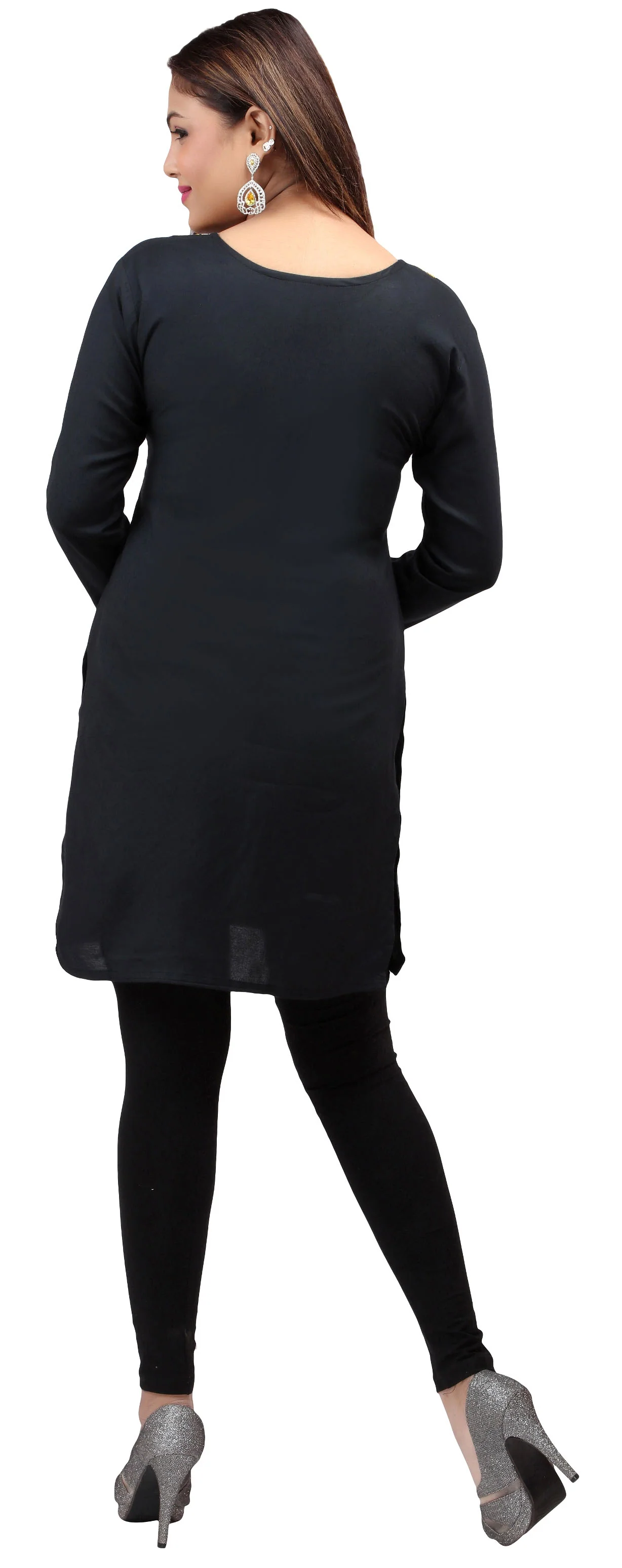 India Women's Tunic Top Kurti Embroidered Indian Clothing (Black/Yellow) - Image 2