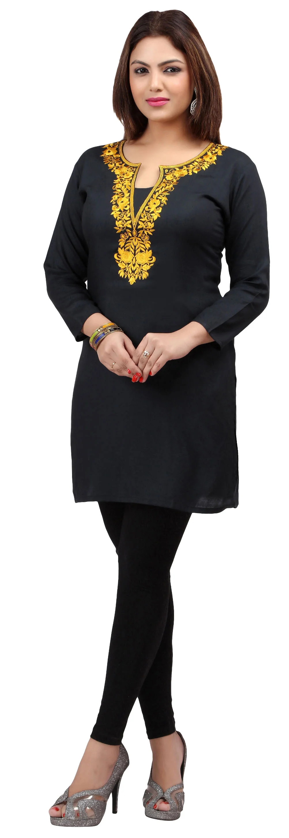 India Women's Tunic Top Kurti Embroidered Indian Clothing (Black/Yellow) - Image 3