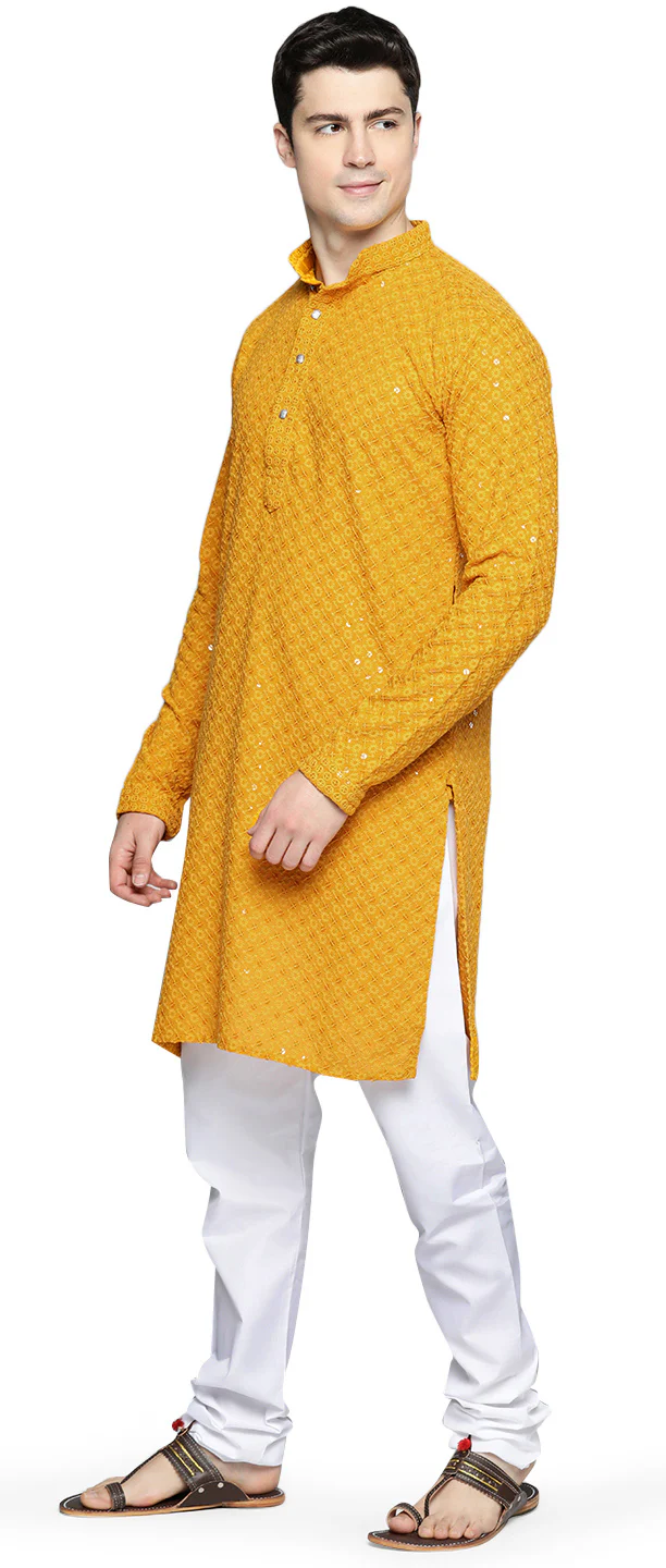 Indian Chikankari Embroidered Sequined Cotton Men's Kurta Pajama (Mustard) - Image 2