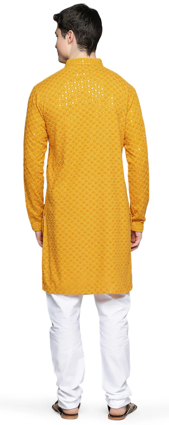 Indian Chikankari Embroidered Sequined Cotton Men's Kurta Pajama (Mustard) - Image 3