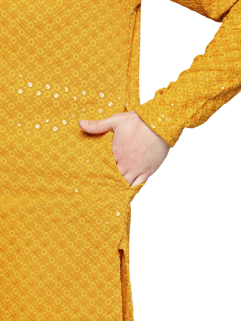 Indian Chikankari Embroidered Sequined Cotton Men's Kurta Pajama (Mustard) - Image 4