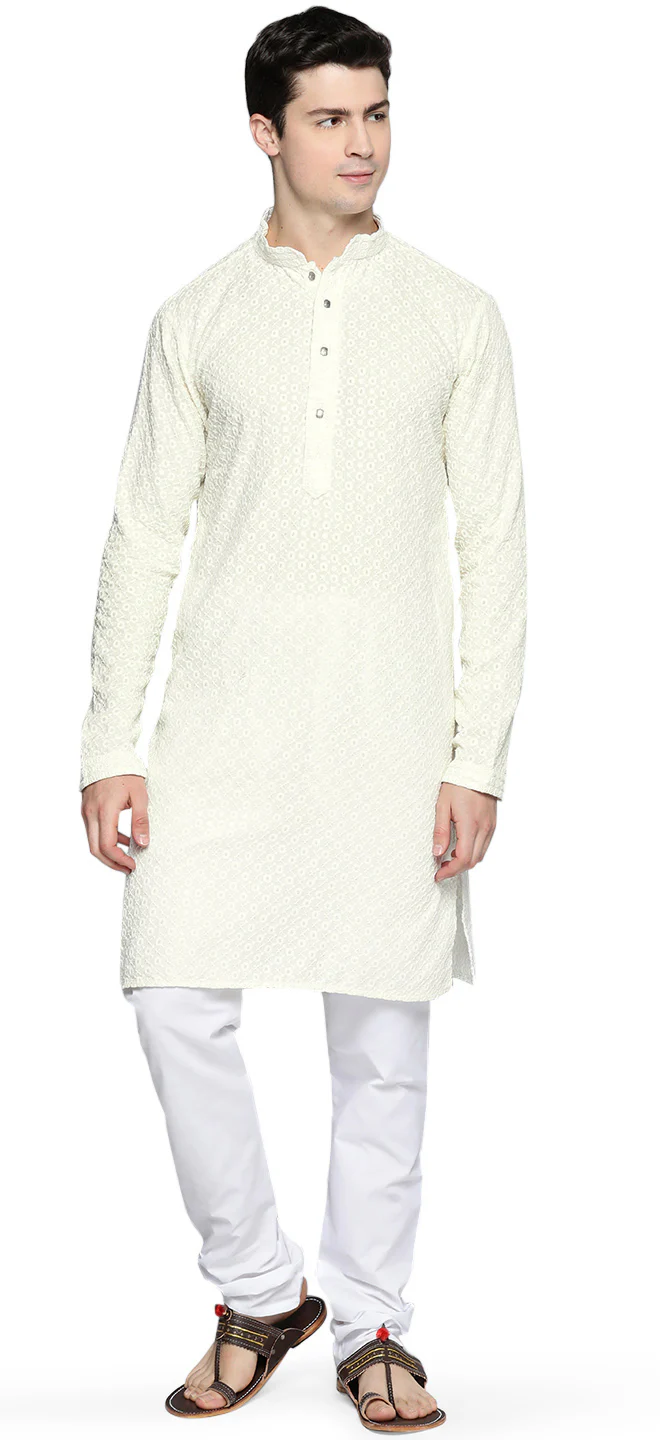 Indian Chikankari Embroidered Sequined Cotton Men's Kurta Pajama (White)