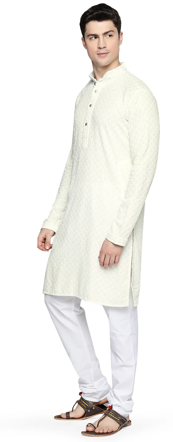 Indian Chikankari Embroidered Sequined Cotton Men's Kurta Pajama (White) - Image 2
