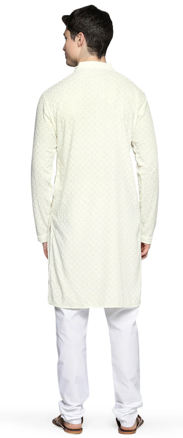Indian Chikankari Embroidered Sequined Cotton Men's Kurta Pajama (White) - Image 3