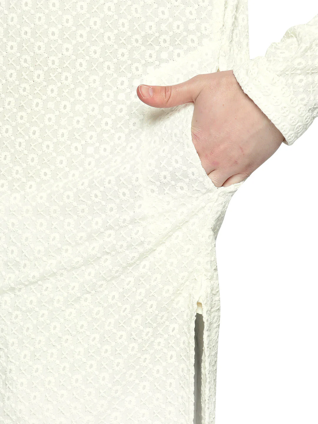 Indian Chikankari Embroidered Sequined Cotton Men's Kurta Pajama (White) - Image 4