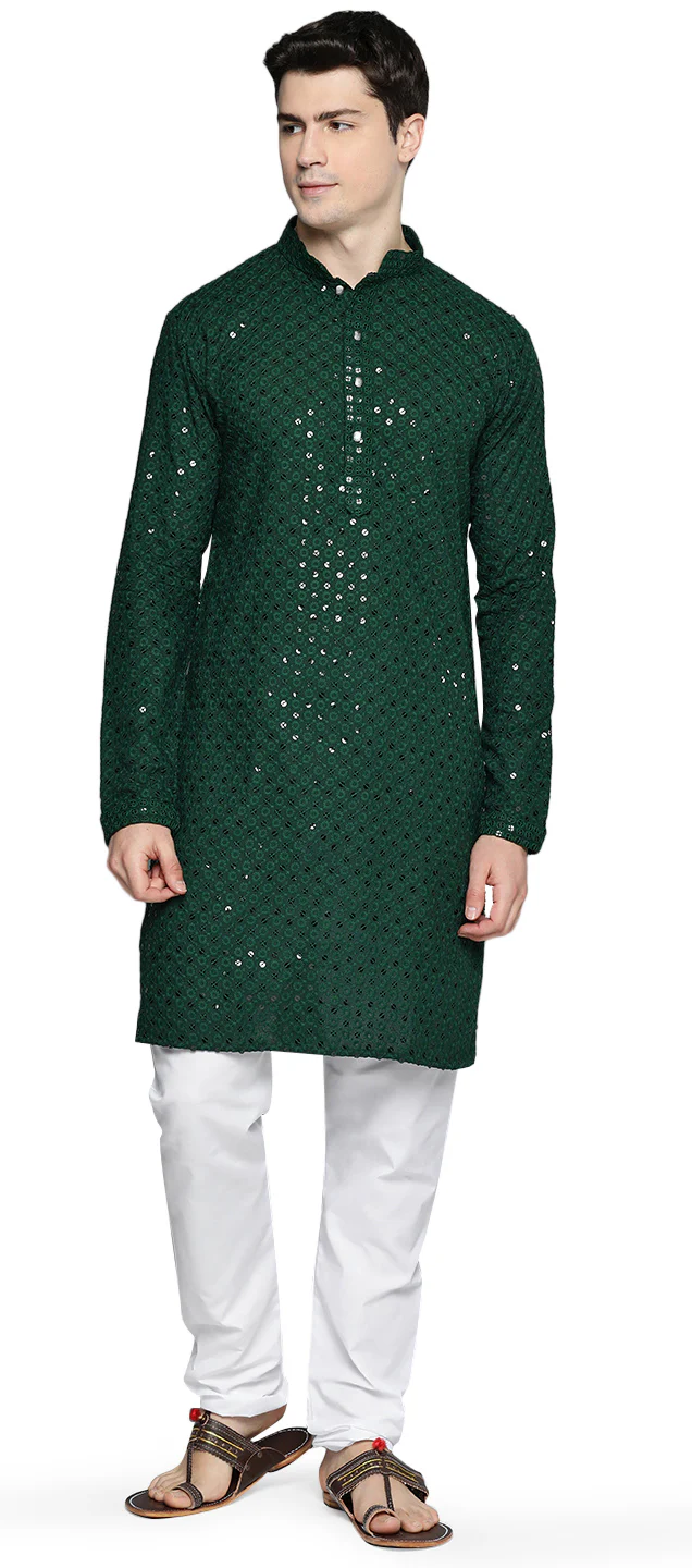 Indian Chikankari Sequined Cotton Men's Kurta Pajama Party Wear (Green)