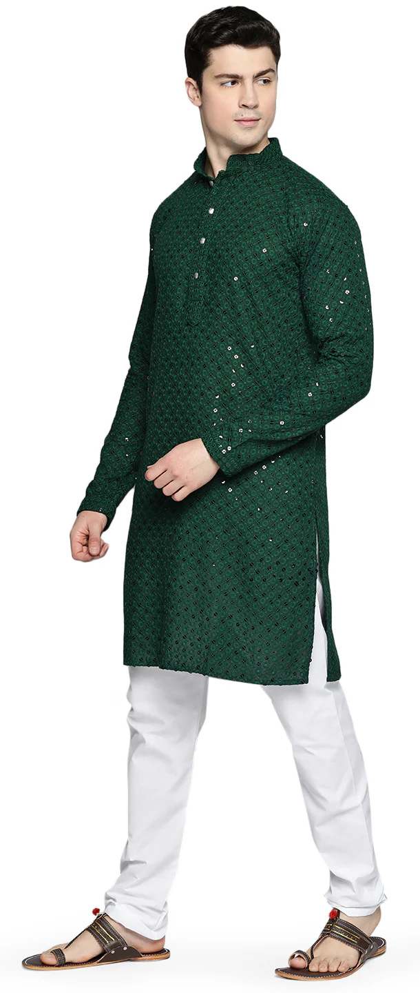 Indian Chikankari Sequined Cotton Men's Kurta Pajama Party Wear (Green) - Image 2
