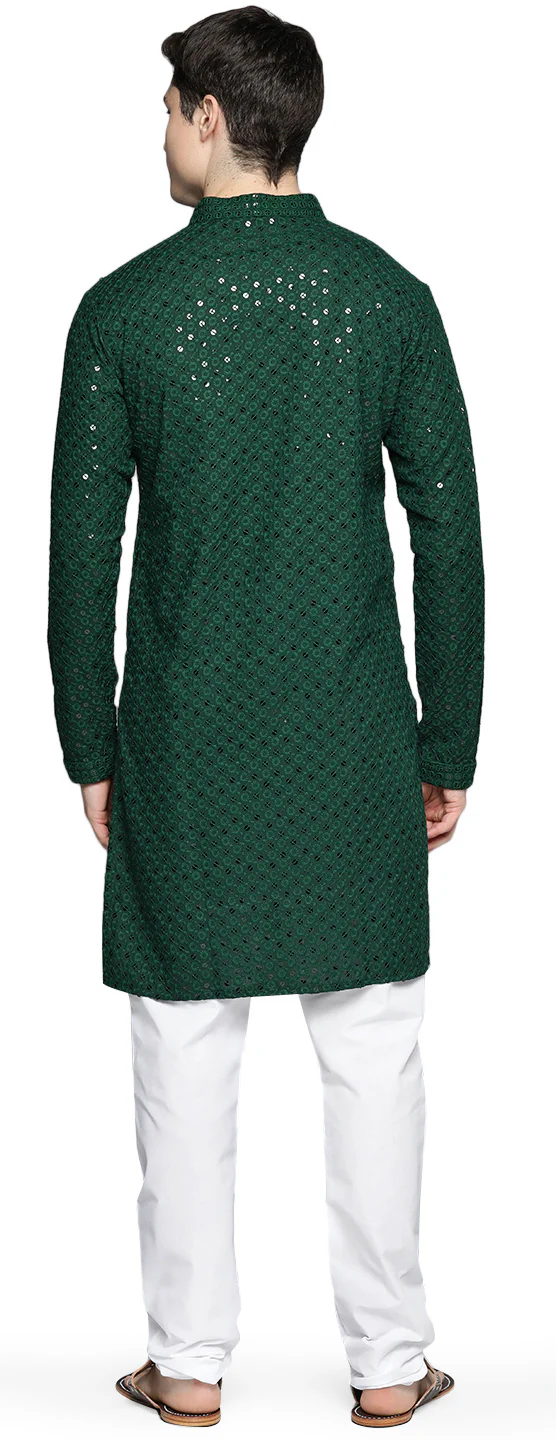 Indian Chikankari Sequined Cotton Men's Kurta Pajama Party Wear (Green) - Image 3