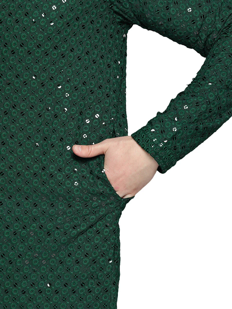 Indian Chikankari Sequined Cotton Men's Kurta Pajama Party Wear (Green) - Image 4