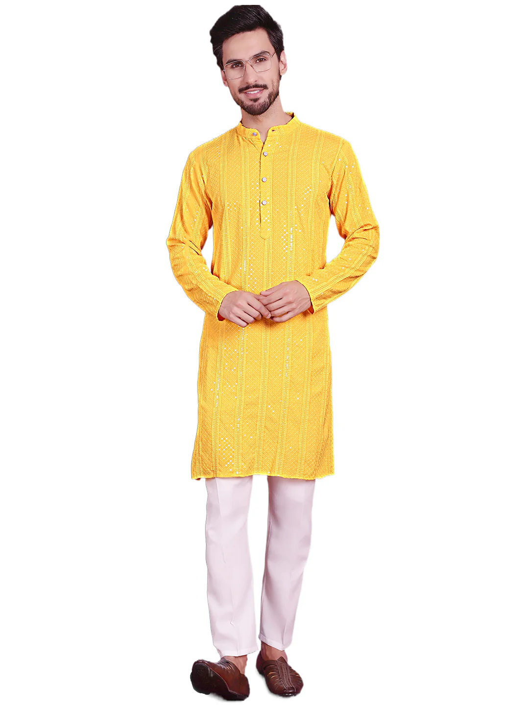 Indian Chikankari Sequined Rayon Men's Yellow Kurta Pajama Party Wear