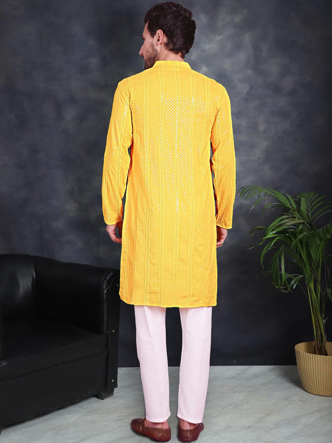 Indian Chikankari Sequined Rayon Men's Yellow Kurta Pajama Party Wear - Image 3