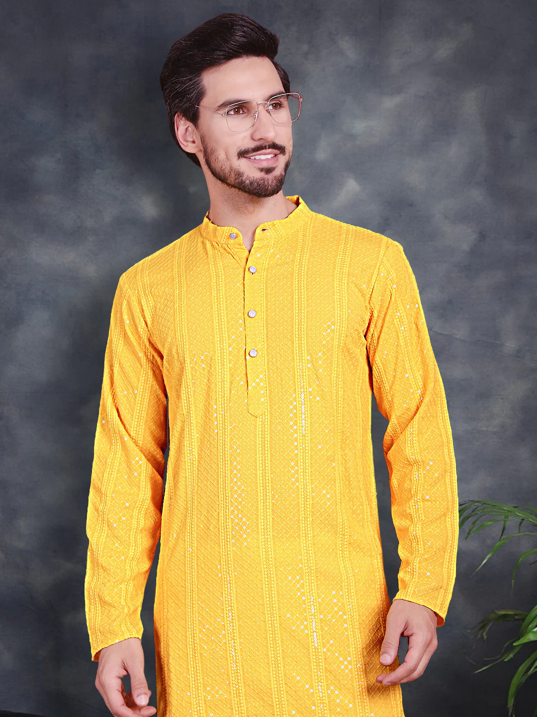 Indian Chikankari Sequined Rayon Men's Yellow Kurta Pajama Party Wear - Image 4