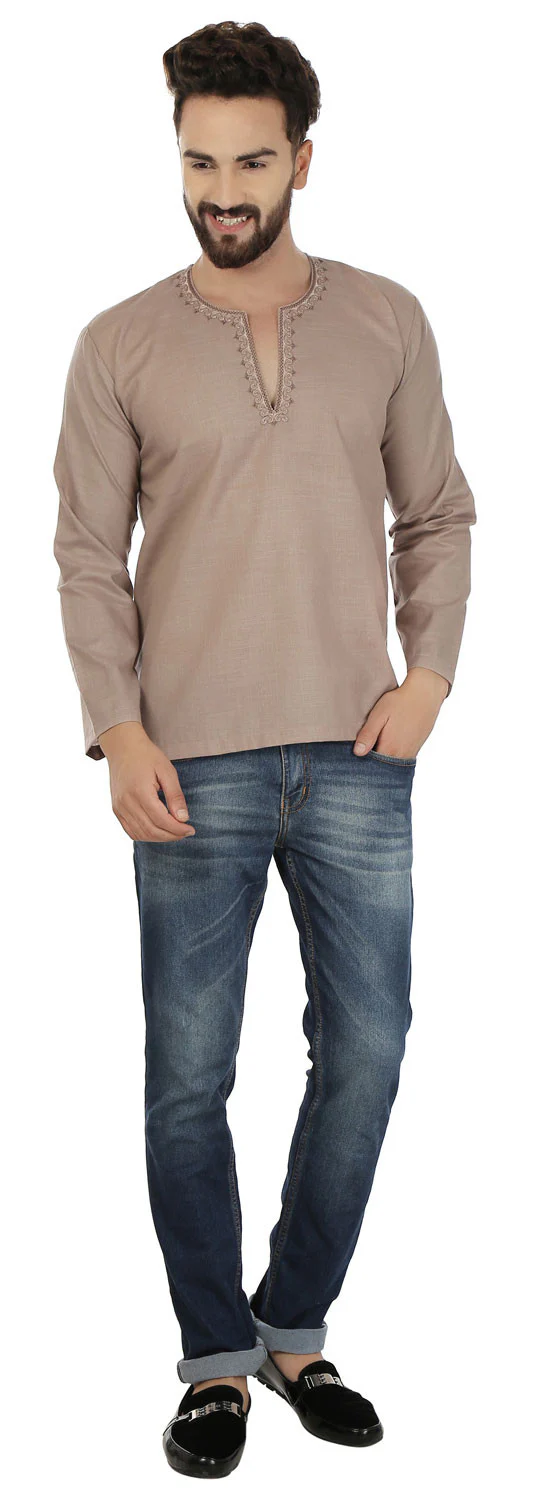 Indian Clothing Cotton Short Kurta for Men (Brown) - Image 2